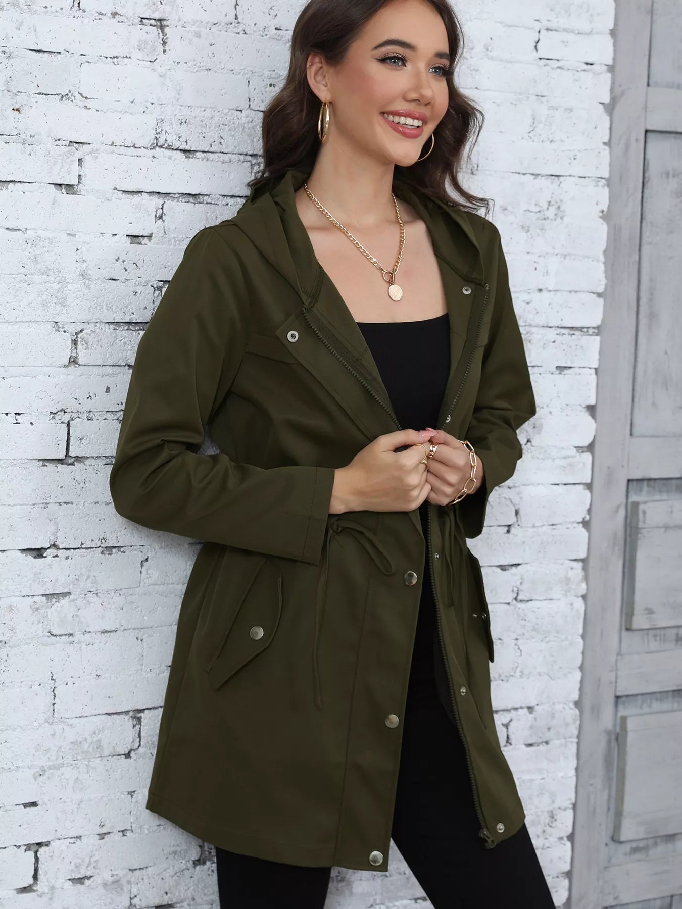 Hooded Drawstring Waist Casual Outerwear OutfitFlow
