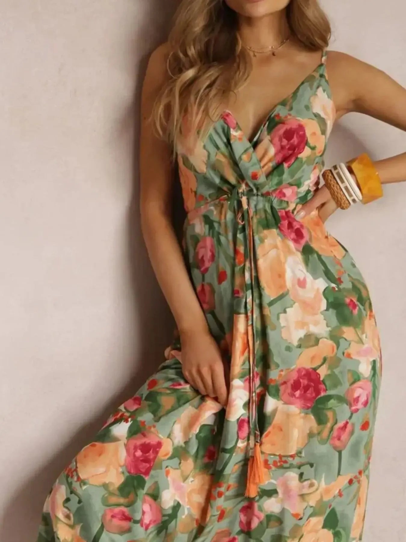 Floral Print Surplice Spaghetti Strap Maxi Dress OutfitFlow
