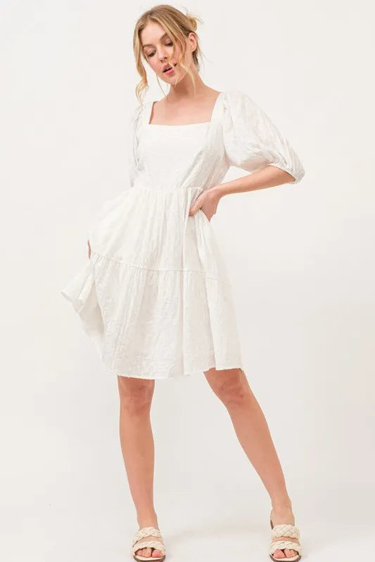 And The Why Square Neck Puff Sleeve Tiered Mini Dress OutfitFlow