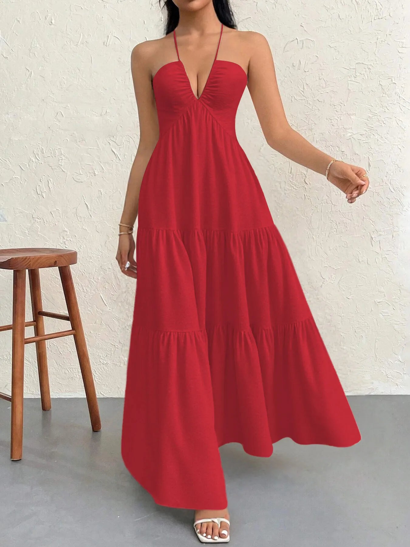 Halter Neck Tiered Maxi Dress Red OutfitFlow