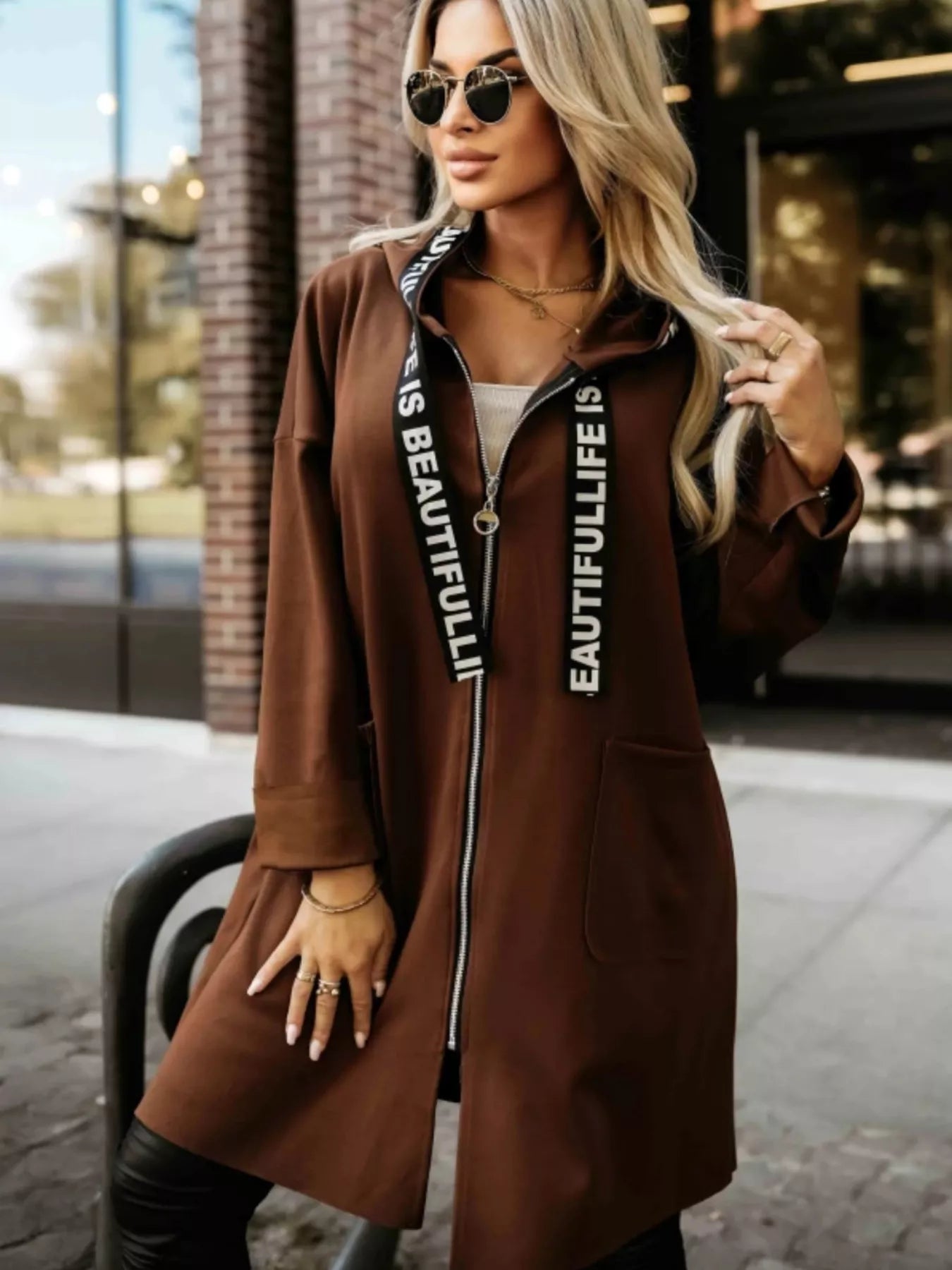 Full Size Casual Hooded Zip-Up Longline Outerwear Plus Size Brown Trendsi