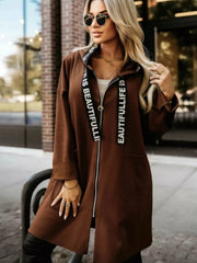 Full Size Casual Hooded Zip-Up Longline Outerwear Plus Size Brown Trendsi