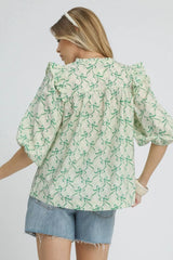 Umgee Ruffled Bow Print Notched Blouse OutfitFlow