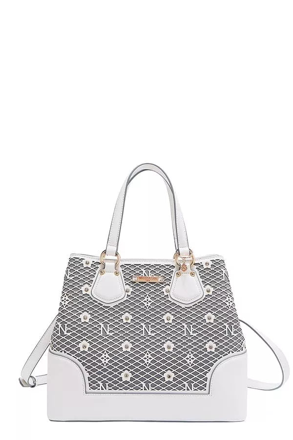 Nicole Lee USA Monogram Pattern Handbag with Rhinestones Decor WHITE OS Trendsi