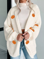 Halloween Pumpkin Embroidered Knit Cardigan OutfitFlow