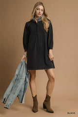 Umgee French Terry Balloon Sleeve Shift Dress with Leopard Print Detail OutfitFlow
