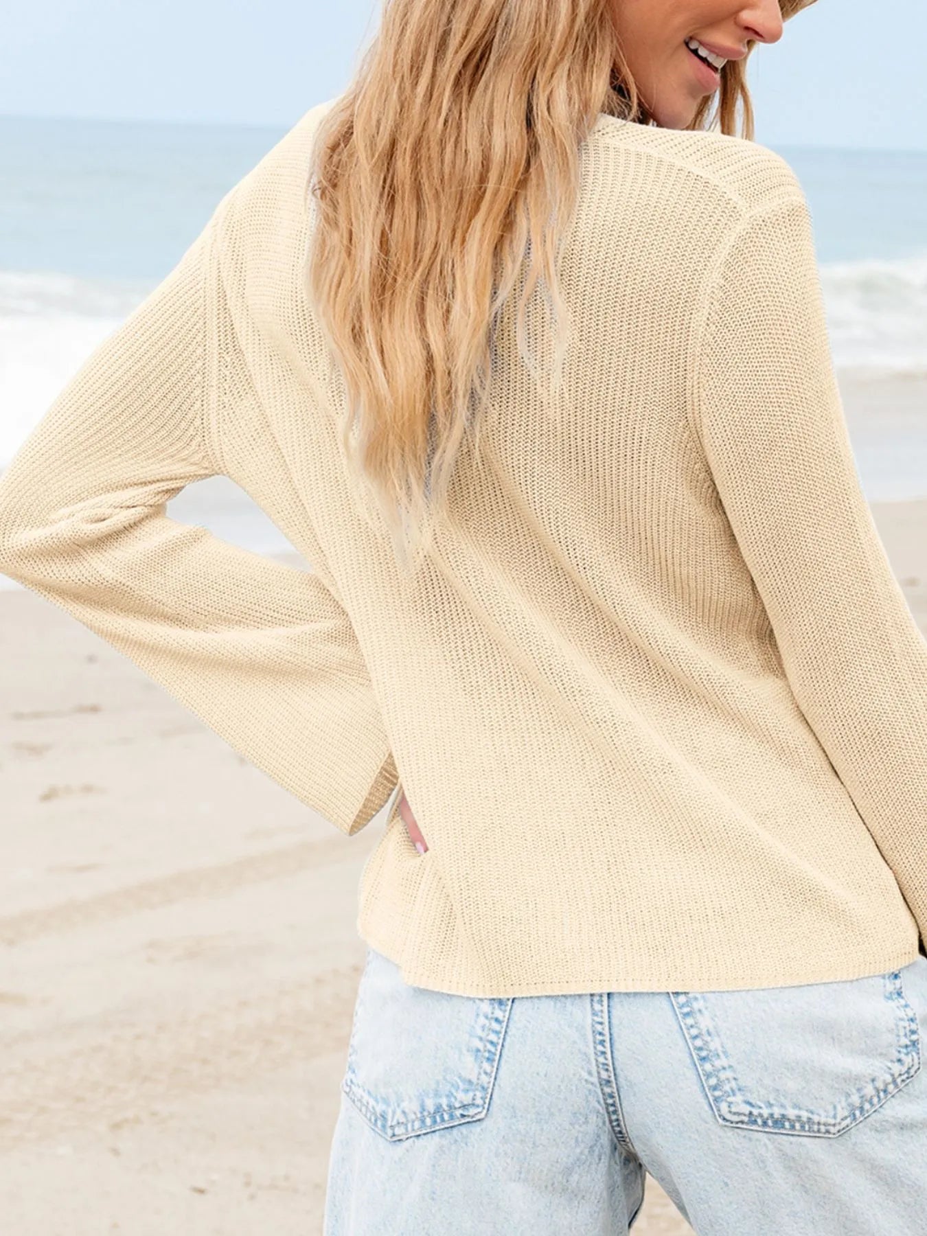 Lightweight V Neck Button Front Bell Sleeve Cardigan OutfitFlow