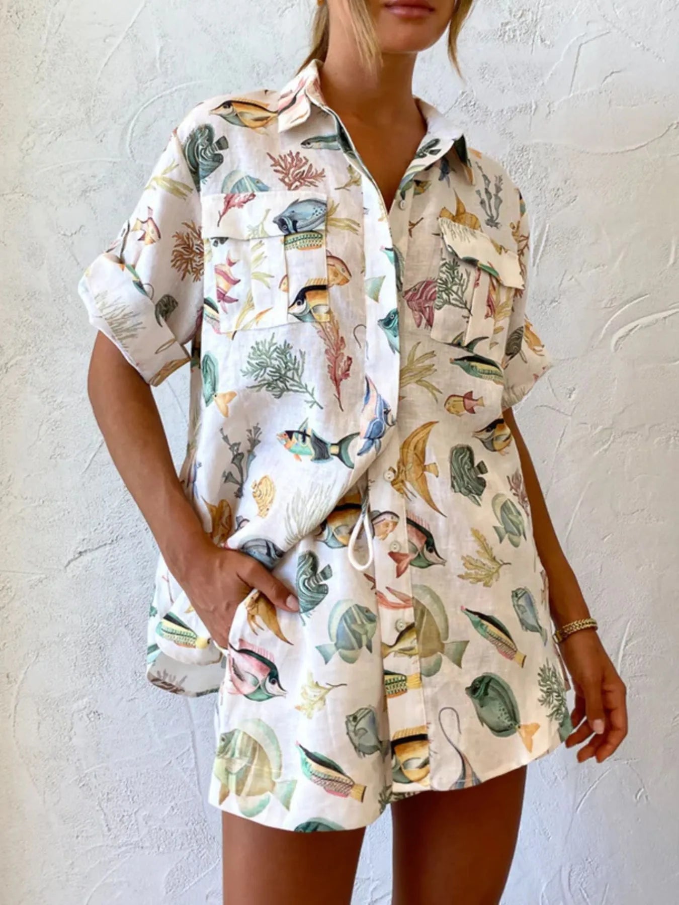 Printed Button Up Shirt and Shorts Set OutfitFlow