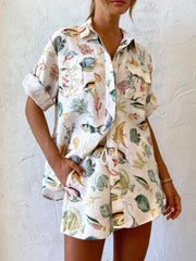 Printed Button Up Shirt and Shorts Set OutfitFlow