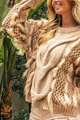 BiBi Faux Fur Detailed Pointelle Cable Knit Sweater OutfitFlow