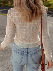 Sheer Plaid Mesh Lettuce Trim Slim Fit Long Sleeve Top OutfitFlow
