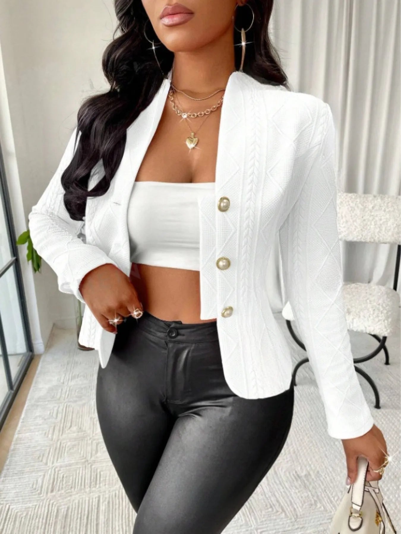 Textured Button Up Long Sleeve Jacket White OutfitFlow
