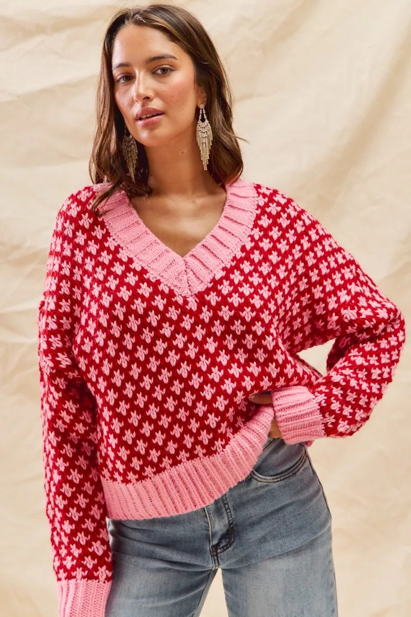 SO ME Color Block Textured Christmas Sweater V Neck Top OutfitFlow