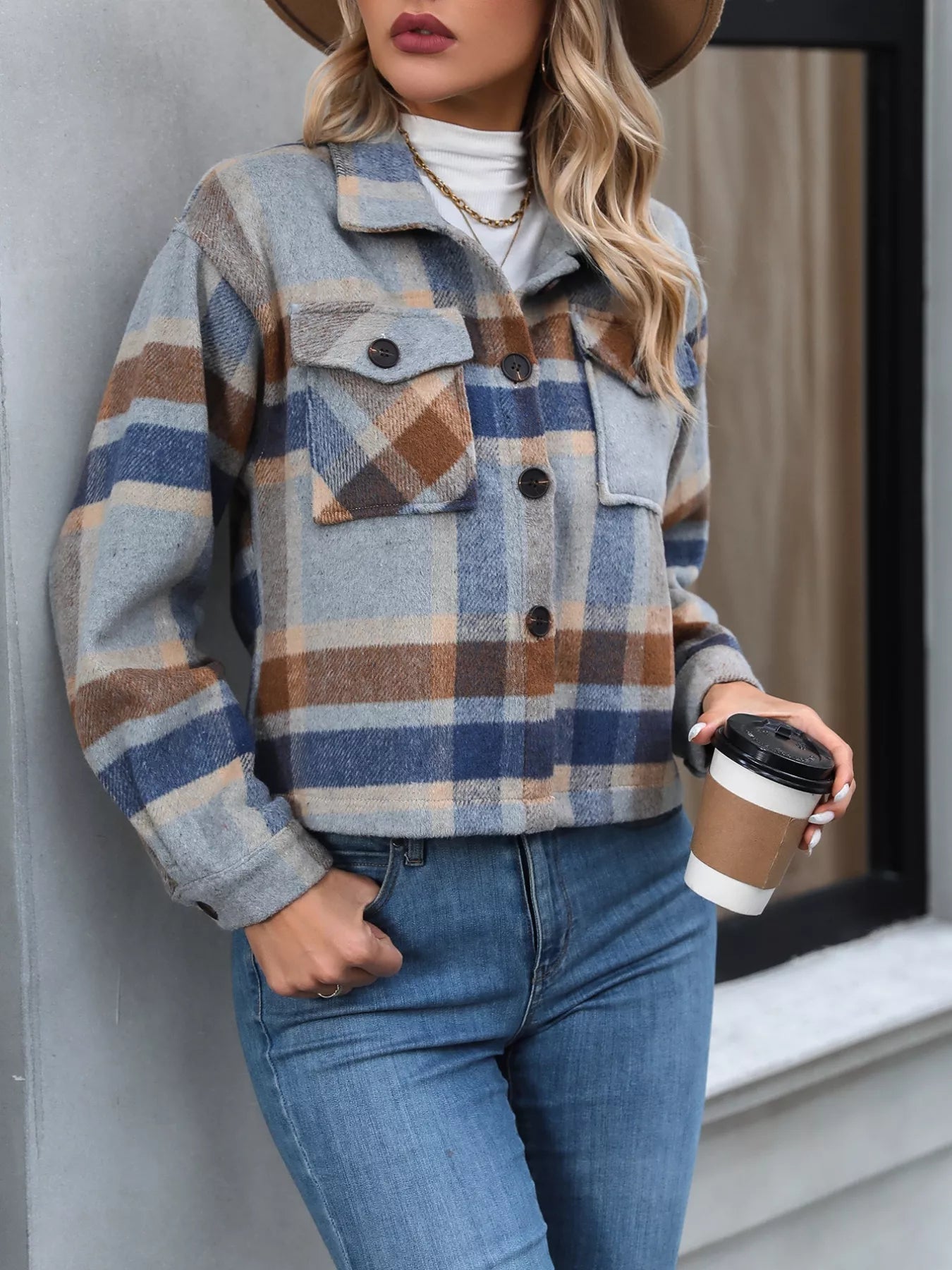 Plaid Oversized Button-Up Cropped Jacket OutfitFlow