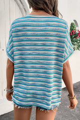 Multicolour Striped Wide Sleeve Loose T Shirt OutfitFlow