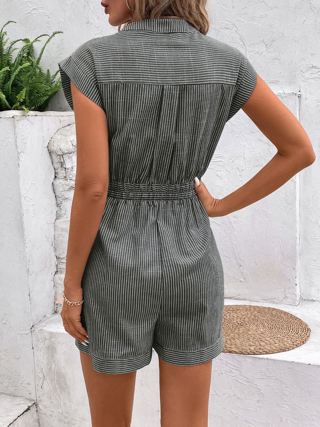 Outfit Flow - Perfee Striped Notched Tie Waist Romper