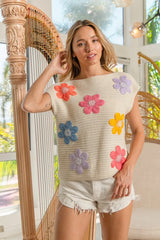 BiBi Multi Jeweled Crochet Flower Patch Sweater Vest OutfitFlow