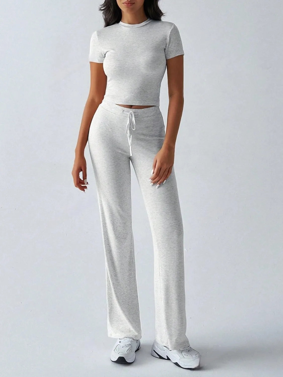 Round Neck Short Sleeve Top and Pants Set OutfitFlow