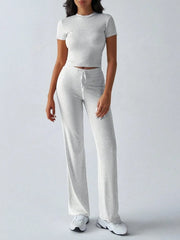 Round Neck Short Sleeve Top and Pants Set OutfitFlow