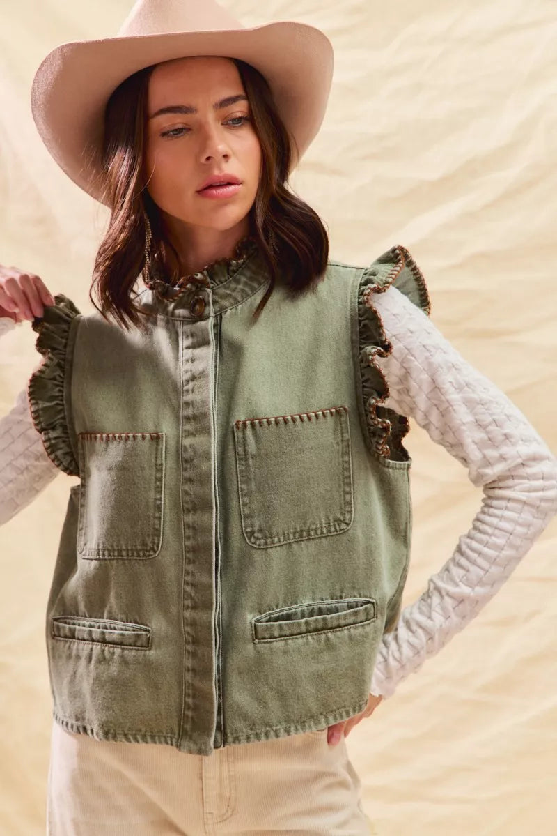 SO ME Washed Denim Stitch Ruffled Hidden Button Vest Top OutfitFlow
