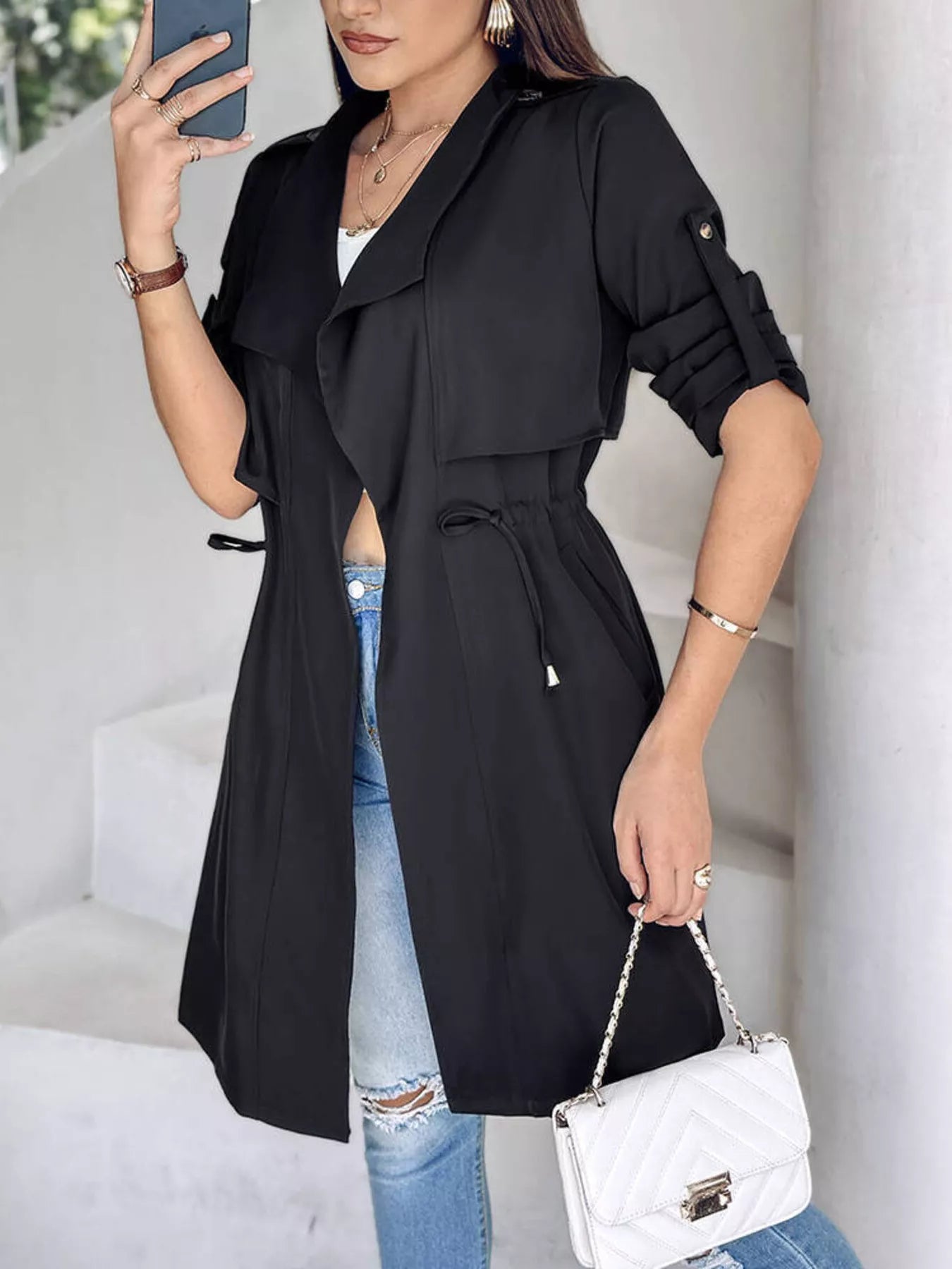 Drape Collar Lightweight Trench Coat OutfitFlow