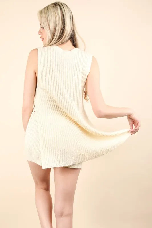 VERY J Slit Round Neck Top and Shorts Sweater Set OutfitFlow