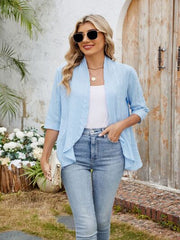 Eyelet Open Front Three-Quarter Sleeve Top Pastel Blue OutfitFlow