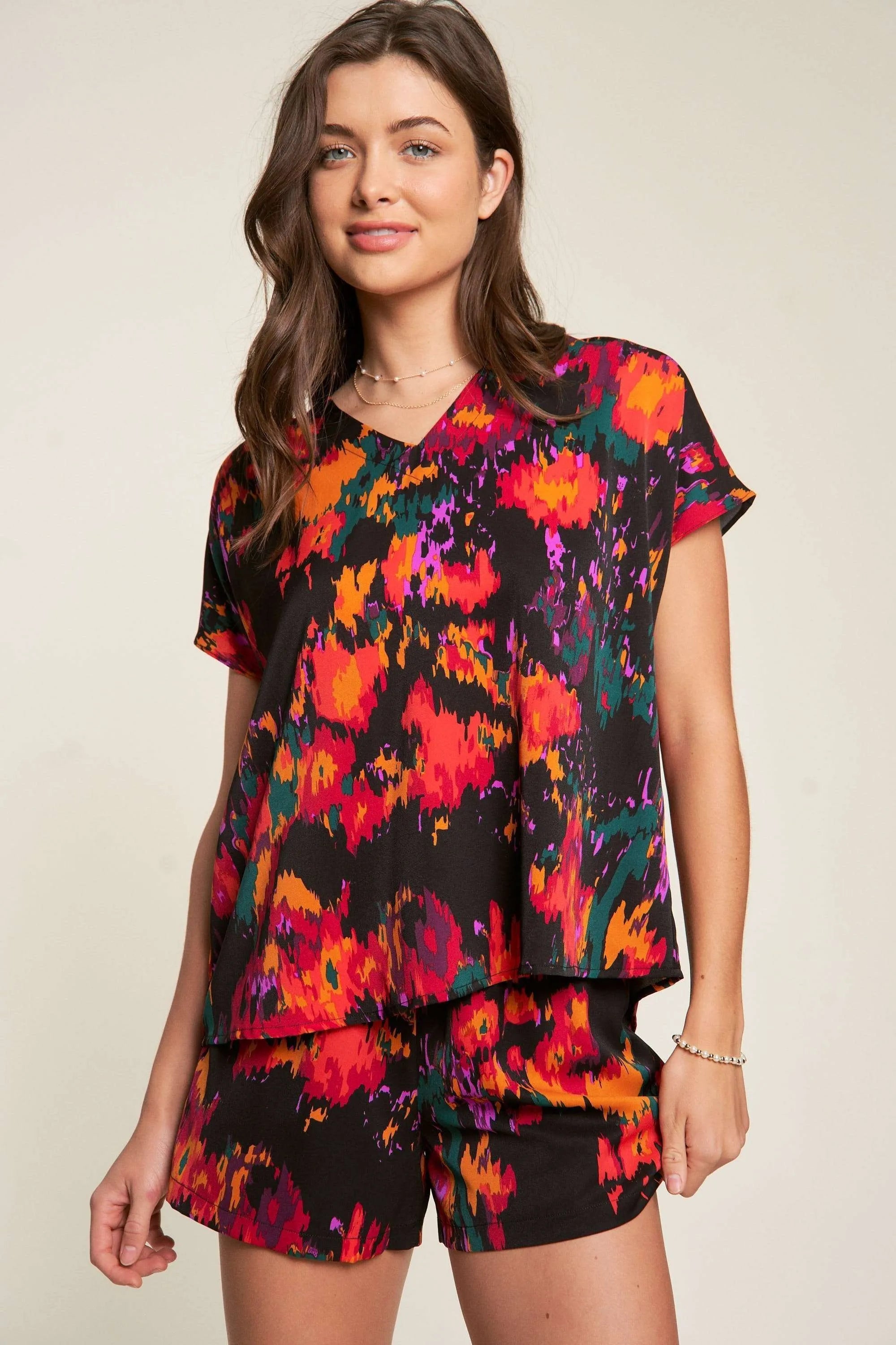 Davi & Dani Printed V Neck Short Sleeve Top and Shorts Set BLACK OutfitFlow