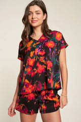 Davi & Dani Printed V Neck Short Sleeve Top and Shorts Set BLACK OutfitFlow
