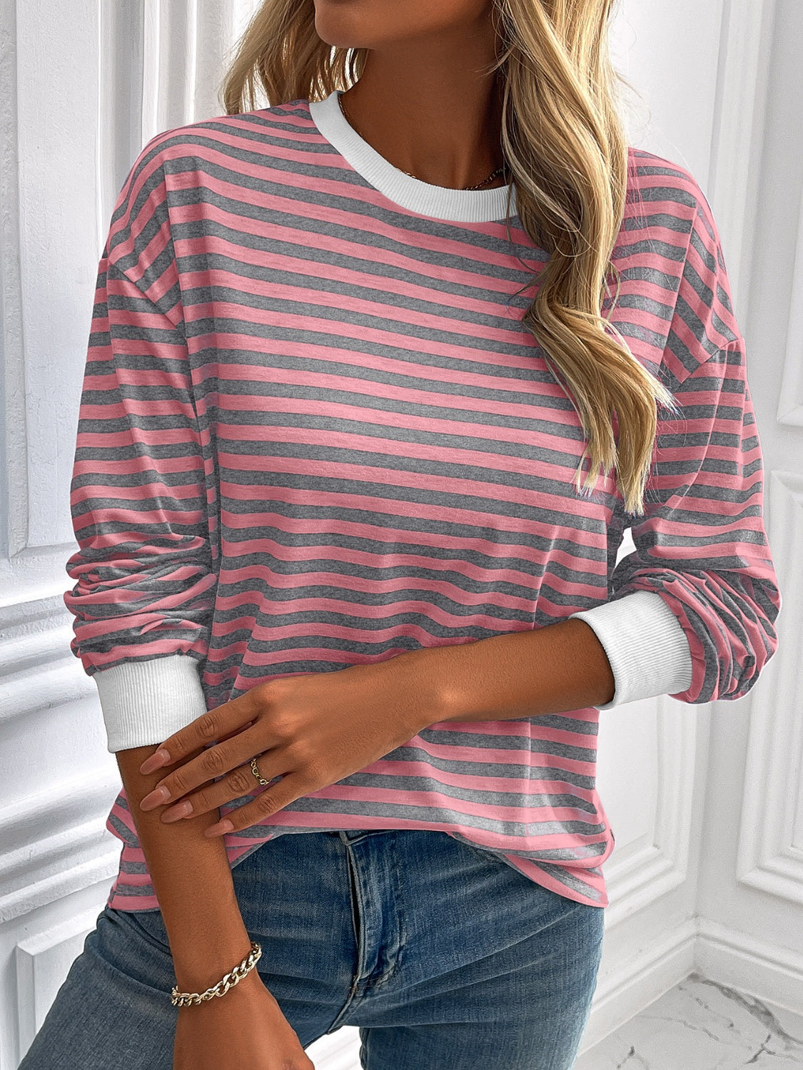 Outfit Flow - Ivy Lane Striped Round Neck Long Sleeve Sweatshirt