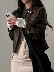 Cropped Zip Up Leather Jacket Trendsi