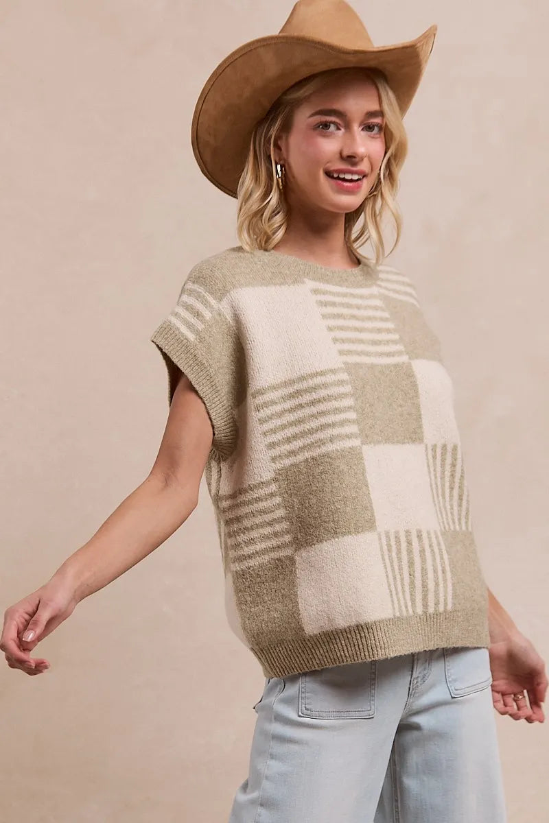 BiBi Checker With Stripes Pattern Sleeveless Sweater OutfitFlow