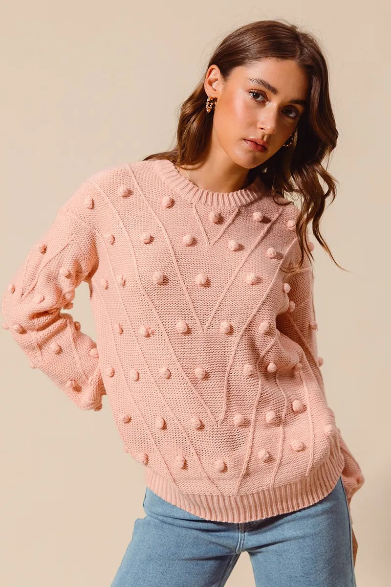 SO ME Pom Pom Textured Knit Sweater Top Trendsi