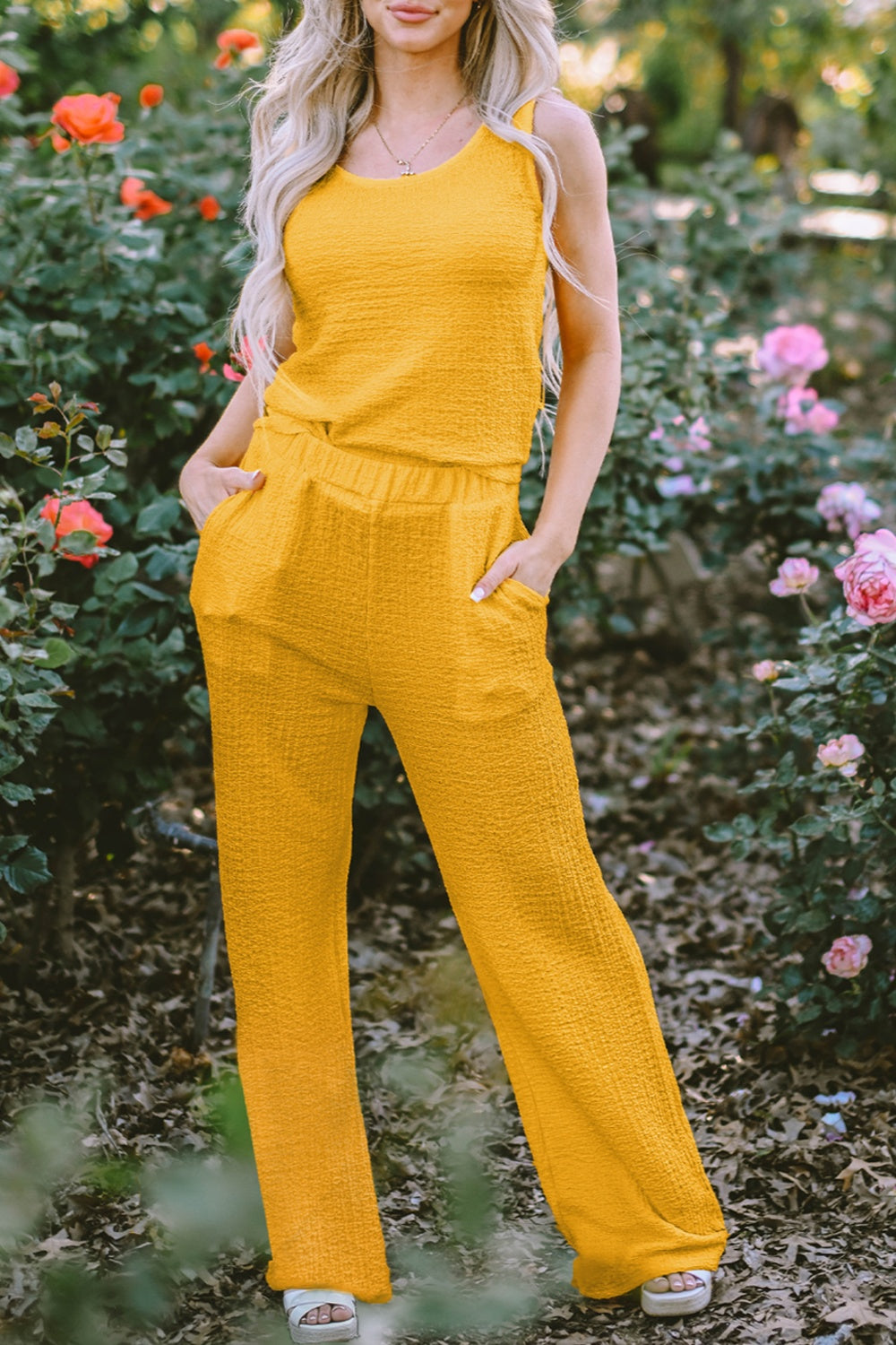 Textured Round Neck Top and Wide Leg Pants Set Yellow OutfitFlow