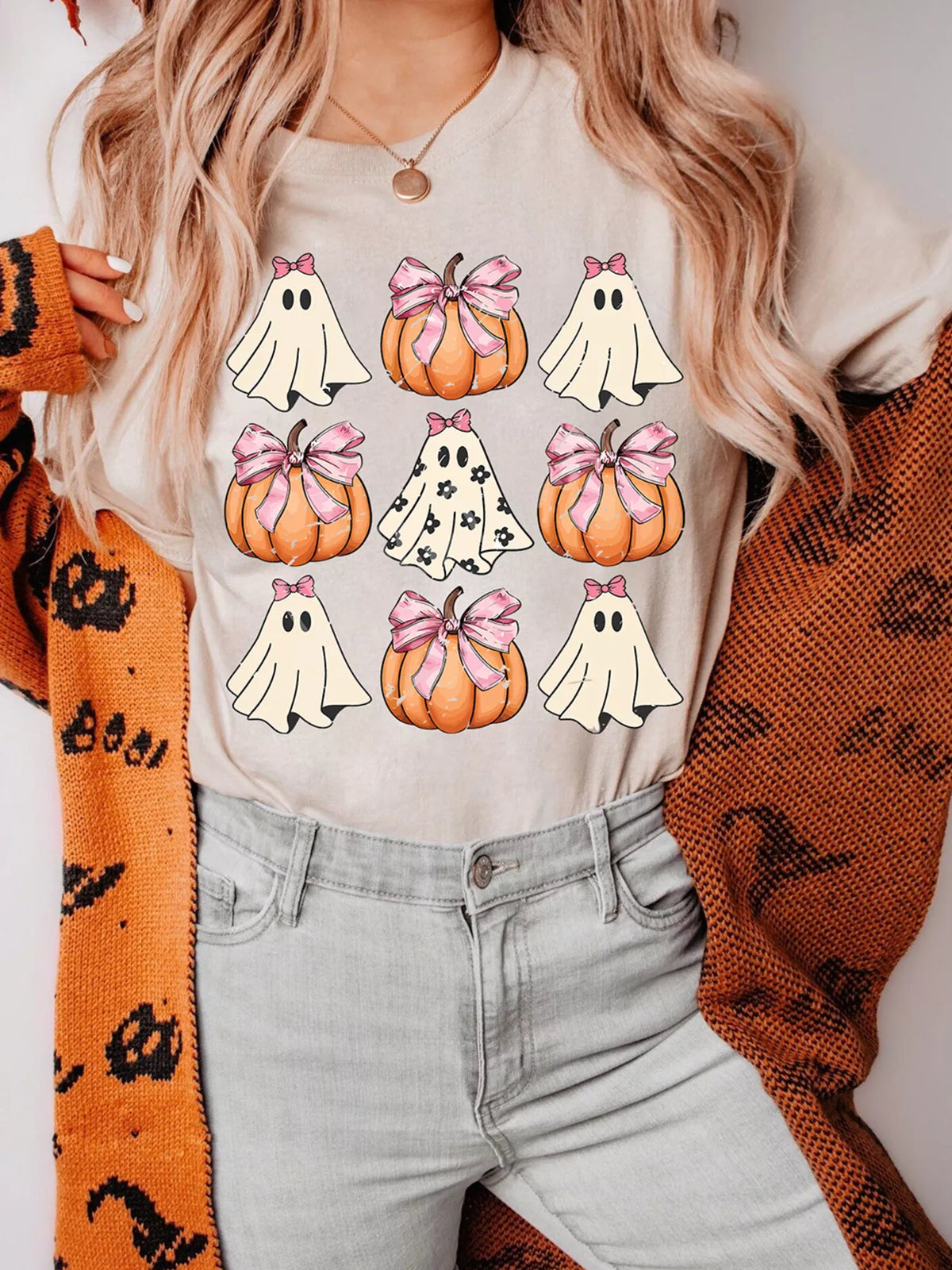 Halloween Bowknot Ghost Pumpkin Graphic T Shirt Tan OutfitFlow