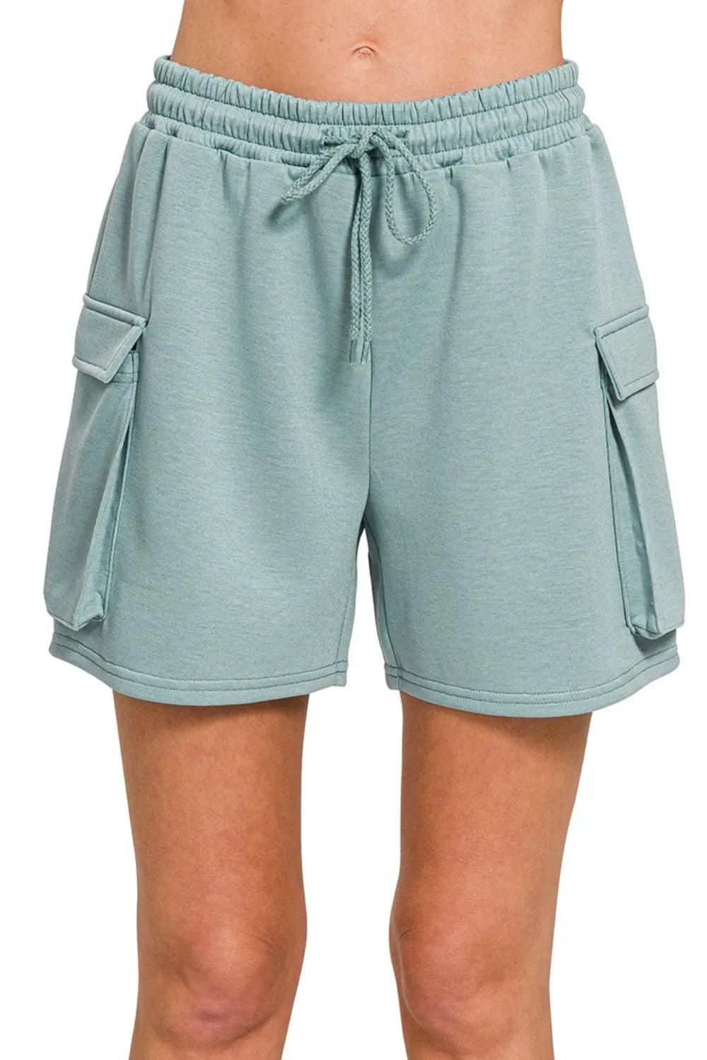 Zenana Scuba Thigh Pocket Shorts BLUE GREY OutfitFlow