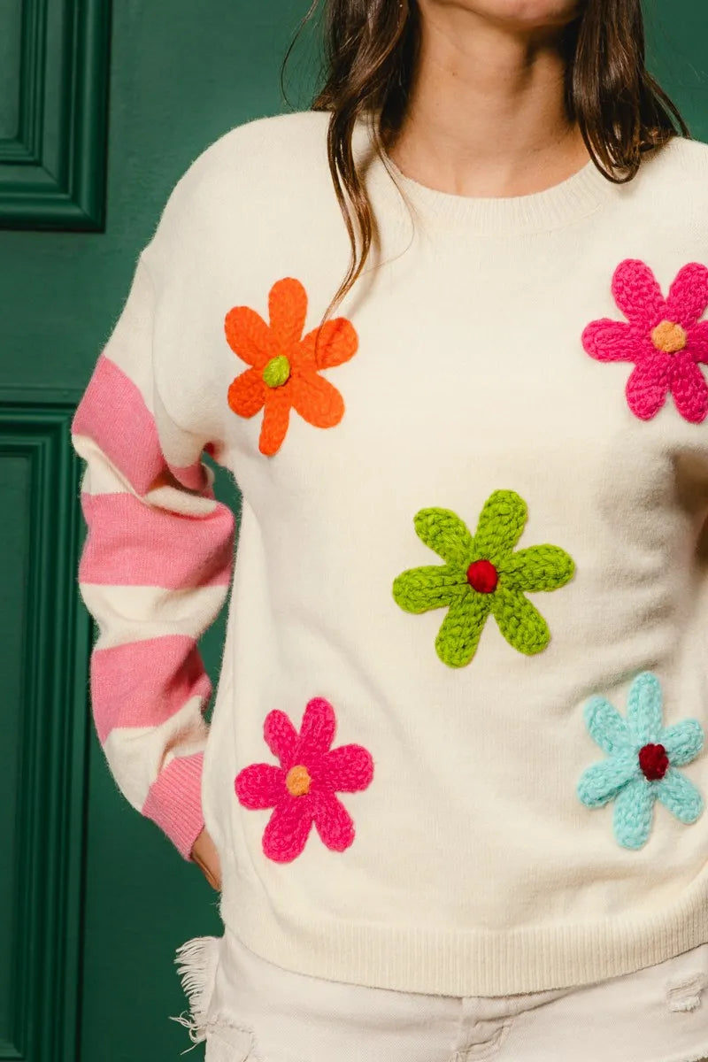 BiBi Colorful Floral Patched Sweater with Striped Sleeve OutfitFlow