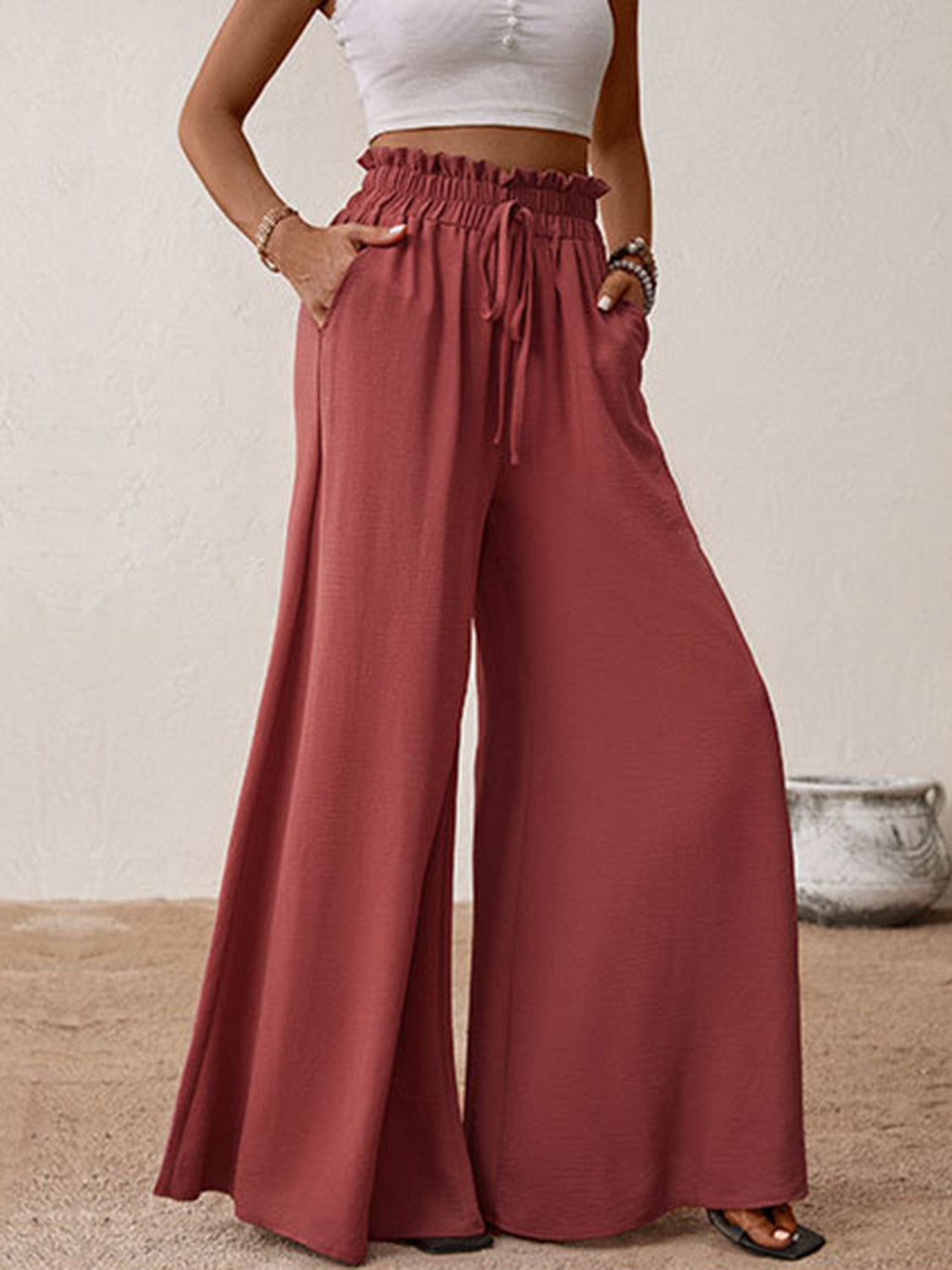 Perfee Frill Tied Wide Leg Pants