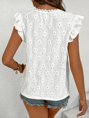 Ruffled Eyelet V-Neck Cap Sleeve Blouse OutfitFlow