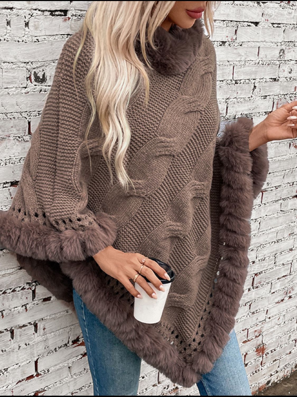 Outfit Flow - Fuzzy Hem Cable-Knit Poncho