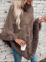 Outfit Flow - Fuzzy Hem Cable-Knit Poncho