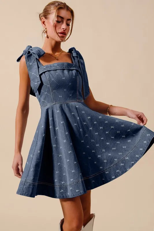 SO ME A Line Fit and Flare Diamond Bow Ribbon Denim Dres OutfitFlow