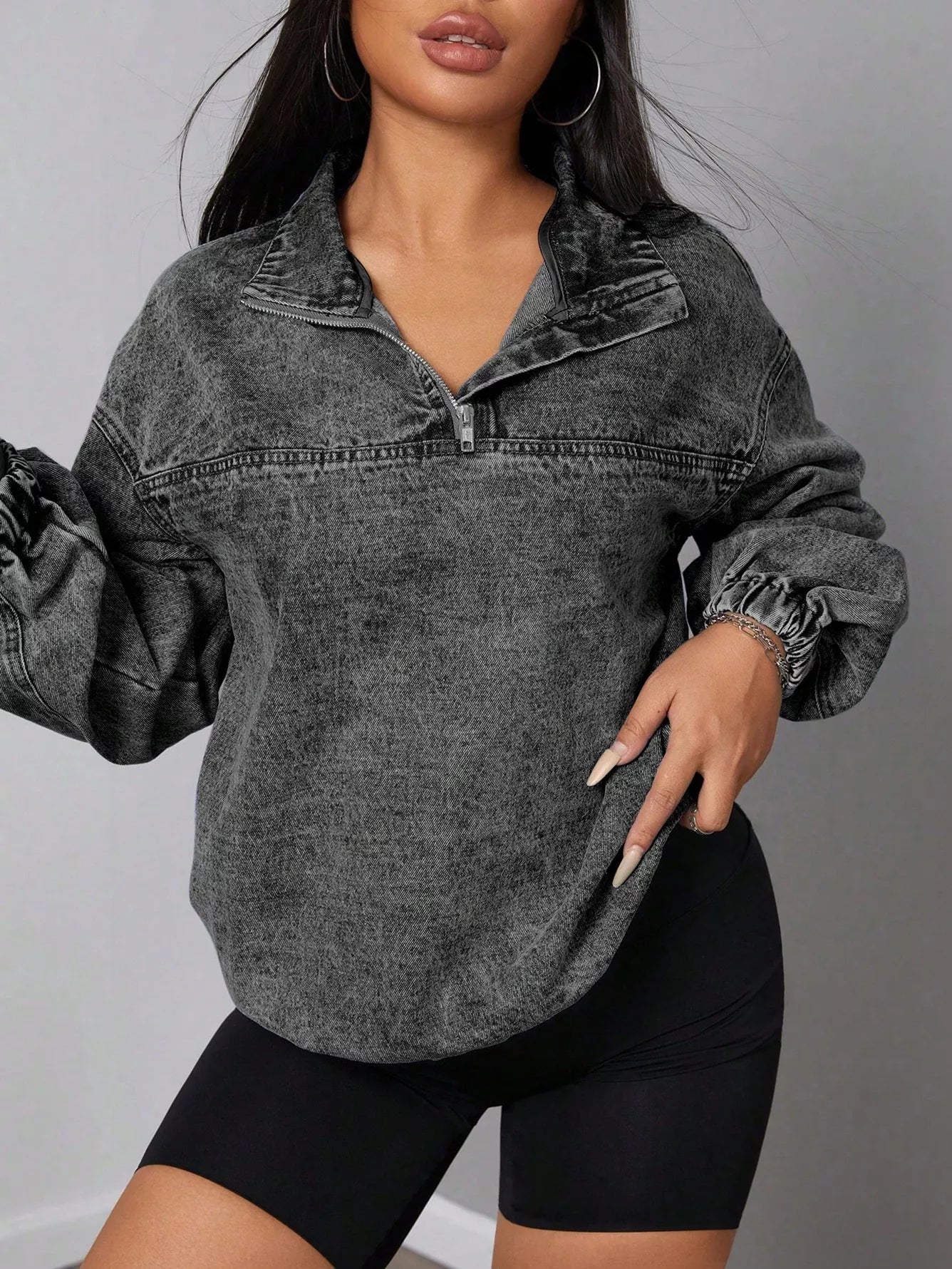 Elastic Hem Quarter Zip Denim Top OutfitFlow