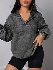 Elastic Hem Quarter Zip Denim Top OutfitFlow