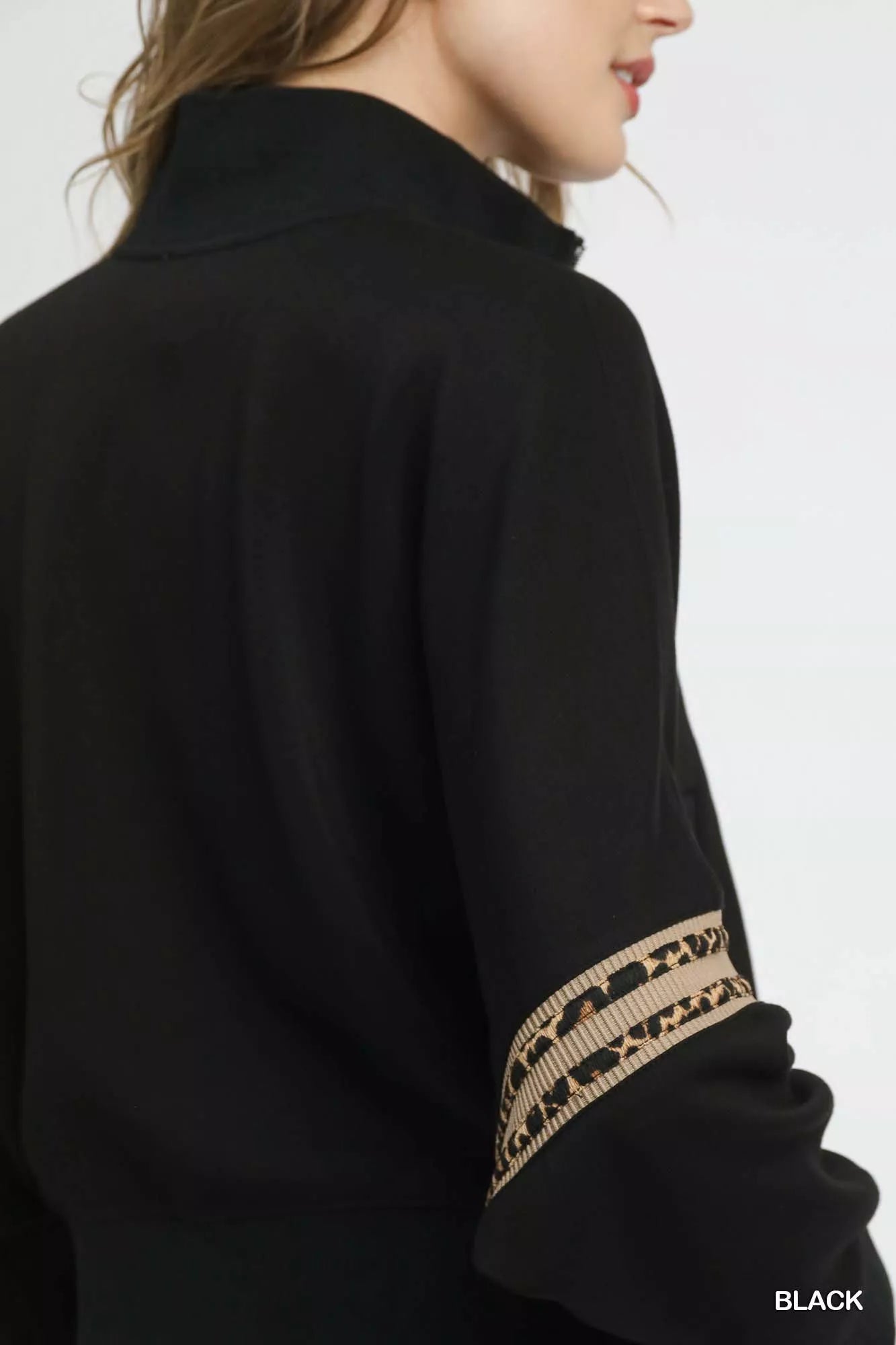 Umgee Zipper Up Cropped Jacket with Leopard Trim OutfitFlow
