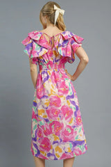 Umgee Floral Ruffled Cap Sleeve Midi Dress OutfitFlow