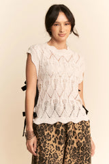 Davi & Dani Ribbon Bow Ties Scalloped Trim Knit Semi Crop Top OutfitFlow
