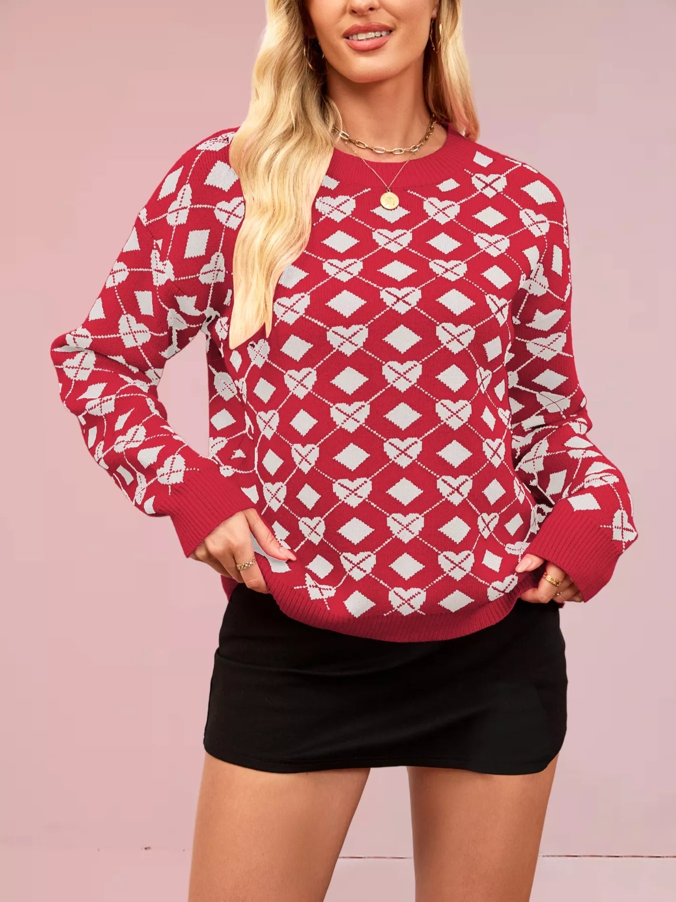Heart & Diamond Pattern Long Sleeve Sweater Rust OutfitFlow