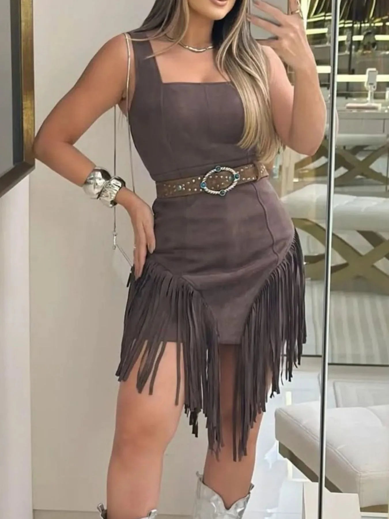Fringe Square Neck Bodycon Mini Dress Brown OutfitFlow