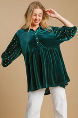 Outfit Flow - Umgee Pearl Detail Half Sleeve Velvet Babydoll Blouse